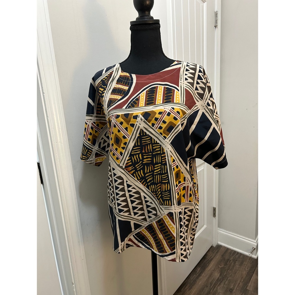 NICOLA Geometric Abstract Print Short Sleeve Tunic Top Women‎ Size L Polyester